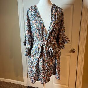 Aerie Women's Multicolor Floral Kimono/Robe Waist Belt Pockets 3/4 Sleeve